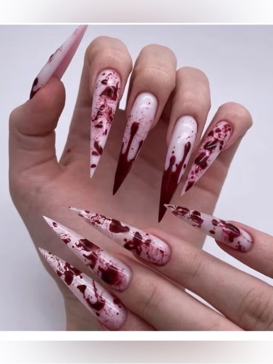 Other - Long Stiletto Blood Splatter Nail Set - White & Red Halloween Press On Nails